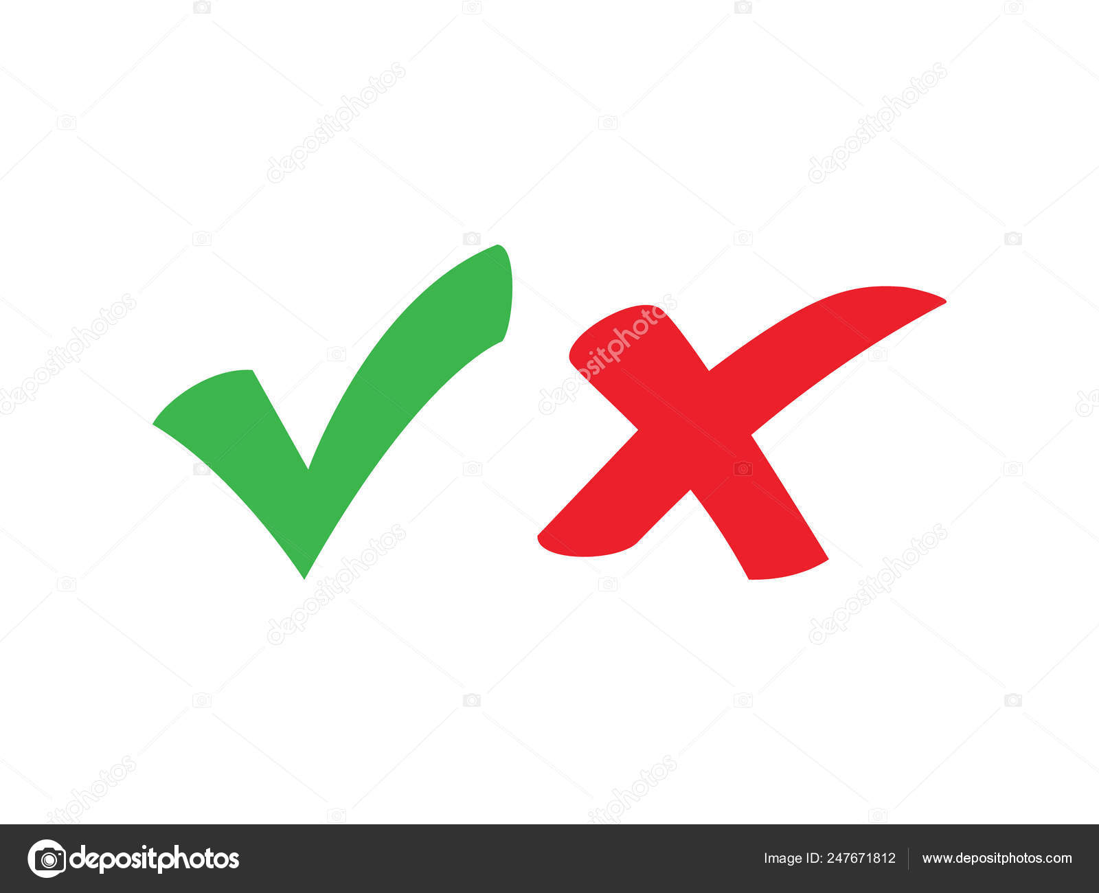 Tick and cross signs. Green checkmark OK and red X icons, Simple marks  graphic design. Symbols YES and NO button for vote, Check box list icons.  Check marks vector. Stock Vector by ©