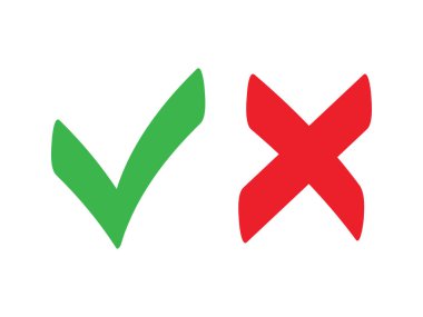 Kene ve haç işaretleri. Onay işareti Tamam yeşil ve kırmızı X kutsal kişilerin resmi, basit grafik tasarım işaretler. Evet ve Hayır düğmesini oy, onay kutusu listesi simgeleri için semboller. Onay işaretleri vektör.