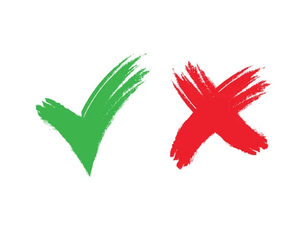 Позначте та перехрестіть знаки. Зелена позначка ОК і червоні піктограми X, Проста позначка графічного дизайну. Символи кнопки YES і NO для голосування, позначте піктограми списку списків. Вектор позначок перевірки . — стоковий вектор
