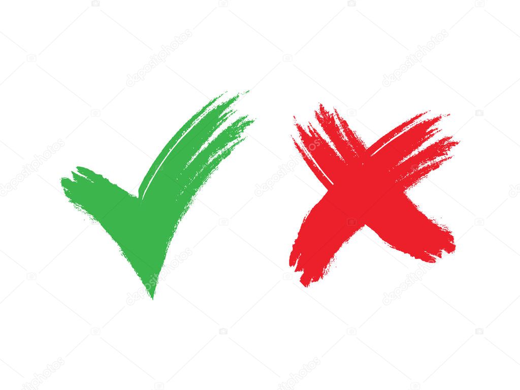 Tick and cross signs. Green checkmark OK and red X icons, Simple marks graphic design. Symbols YES and NO button for vote, Check box list icons. Check marks vector