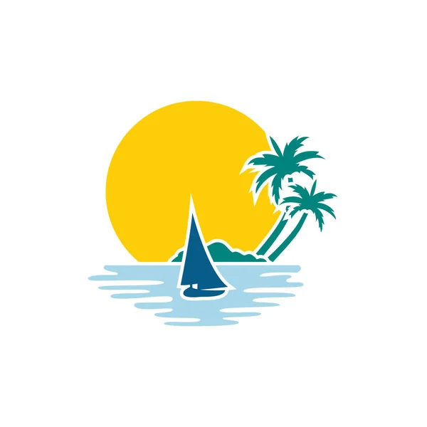 Strand. Zomer vakantie ontwerp. Vectorillustratie. Reizen-logo. Zon met golven van de zee. Groene palm op zee. Concept voor reisbureau, strandhotel, tropische resort en spa. Zomer vakantie symbool. — Stockvector
