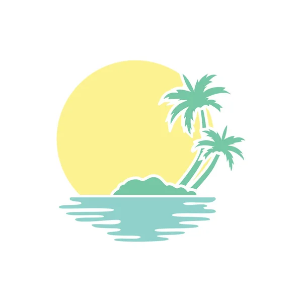 Plage. Design vacances d'été. Illustration vectorielle. Logo de voyage. Soleil avec vagues de mer. Palmier vert au bord de la mer. Concept pour agence de voyage, station tropicale, hôtel de plage, spa. Symbole vacances été . — Image vectorielle