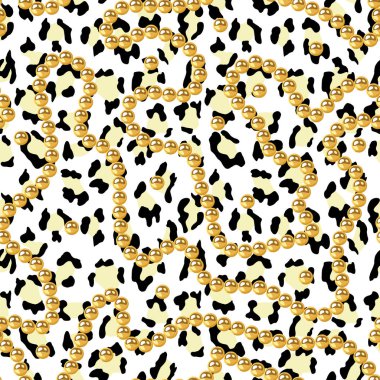 Vector Realistic isolated golden beads necklace and Leopard seamless pattern. Animal print. Vector background.animal skin, tiger stripes, abstract pattern, Gold pearls seamless. clipart