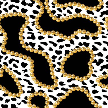 Vector Realistic isolated golden beads necklace and Leopard seamless pattern. Animal print. Vector background.animal skin, tiger stripes, abstract pattern, Gold pearls seamless. clipart