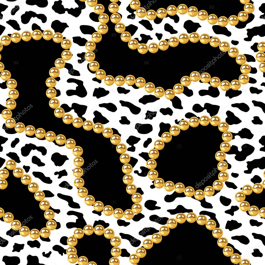 Vector Realistic isolated golden beads necklace and Leopard seamless pattern. Animal print. Vector background.animal skin, tiger stripes, abstract pattern, Gold pearls seamless.
