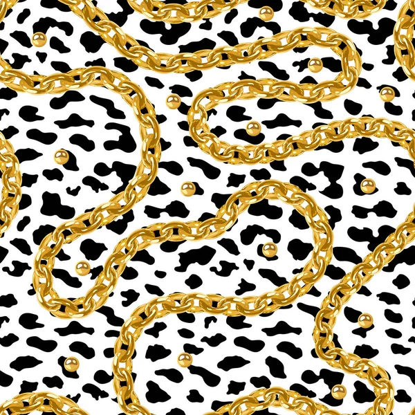 Vector realistico isolato collana di perle d'oro e Leopard modello senza soluzione di continuità. Stampa animale. Pelle animale, strisce di tigre, motivo astratto, perle d'oro senza cuciture . — Vettoriale Stock