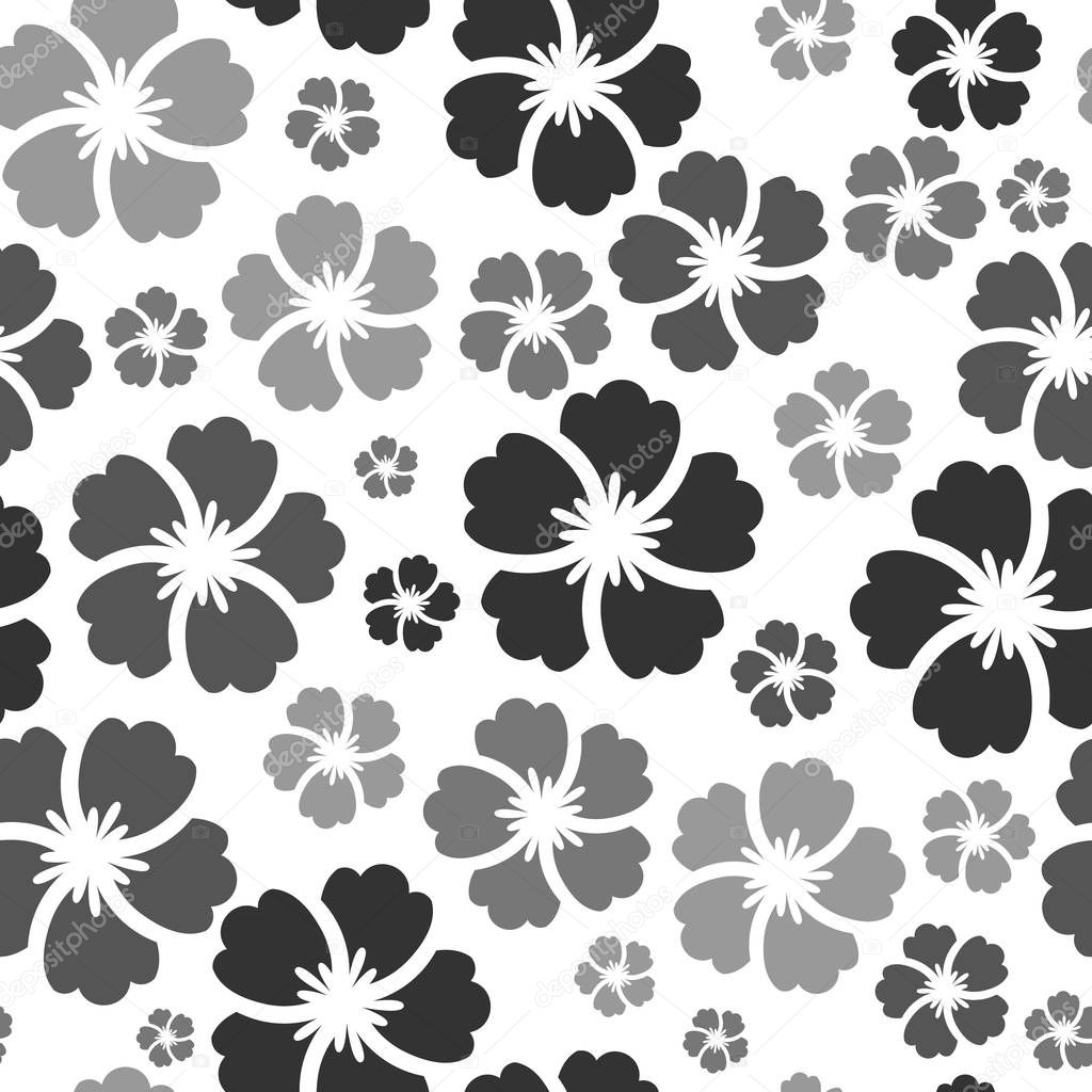 Tropical hibiscus plumeria floral plant exotic vector beach wallpaper seamless pattern textile print .Gray botanical illustration in hawaiian style. Jungle foliage.