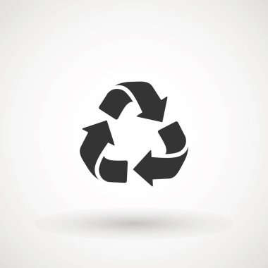 geri dönüşüm okları simge simgesi. Geri Dönüştürülebilir Rozet. Geri dönüşüm işareti. Siyah düz tasarım. Vektör İllüstrasyonu.