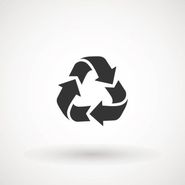 geri dönüşüm okları simge simgesi. Geri Dönüştürülebilir Rozet. Geri dönüşüm işareti. Siyah düz tasarım. Vektör İllüstrasyonu.