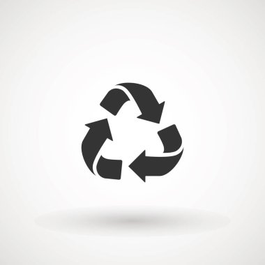 geri dönüşüm okları simge simgesi. Geri Dönüştürülebilir Rozet. Geri dönüşüm işareti. Siyah düz tasarım. Vektör İllüstrasyonu.