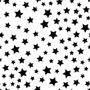 Yıldız dikişsiz desen. Beyaz ve siyah retro arka plan. Kaotik unsurlar. Soyut geometrik şekil dokusu. Gökyüzünün etkisi. Duvar kağıdı, sarma, tekstil için tasarım şablonu. Vektör İllüstrasyonu.