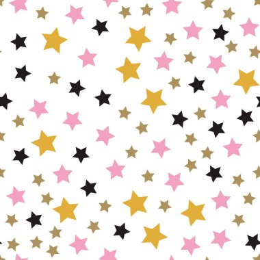 Yıldız dikişsiz desen. Beyaz ve siyah retro arka plan. Kaotik unsurlar. Soyut geometrik şekil dokusu. Gökyüzünün etkisi. Duvar kağıdı, sarma, tekstil için tasarım şablonu. Vektör İllüstrasyonu.