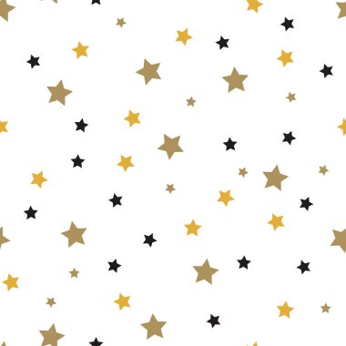 Yıldız dikişsiz desen. Beyaz ve siyah retro arka plan. Kaotik unsurlar. Soyut geometrik şekil dokusu. Gökyüzünün etkisi. Duvar kağıdı, sarma, tekstil için tasarım şablonu. Vektör İllüstrasyonu.