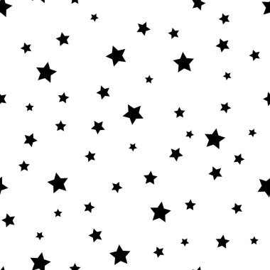 Yıldız dikişsiz desen. Beyaz ve siyah retro arka plan. Kaotik unsurlar. Soyut geometrik şekil dokusu. Gökyüzünün etkisi. Duvar kağıdı, sarma, tekstil için tasarım şablonu. Vektör İllüstrasyonu.