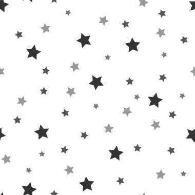 Yıldız dikişsiz desen. Beyaz ve siyah retro arka plan. Kaotik unsurlar. Soyut geometrik şekil dokusu. Gökyüzünün etkisi. Duvar kağıdı, sarma, tekstil için tasarım şablonu. Vektör İllüstrasyonu.