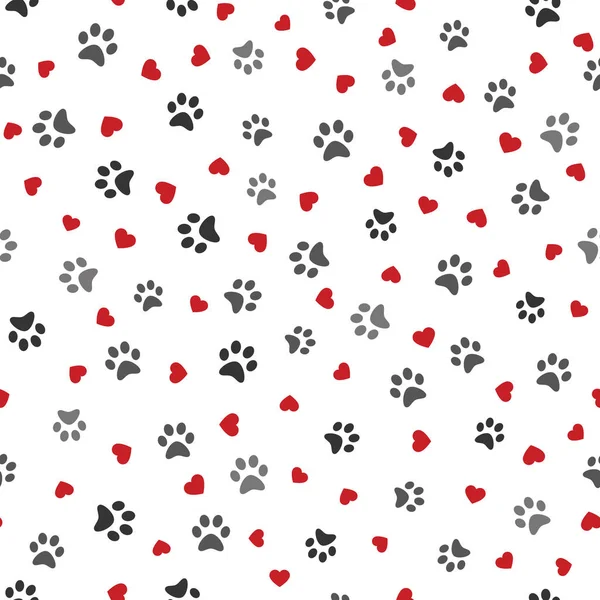 Perro pata patrón sin costuras con corazones huella vectorial gatito cachorro corazón azulejo fondo repetir fondo de pantalla dibujos animados ilustración aislada blanco - Vector ilustración . — Archivo Imágenes Vectoriales