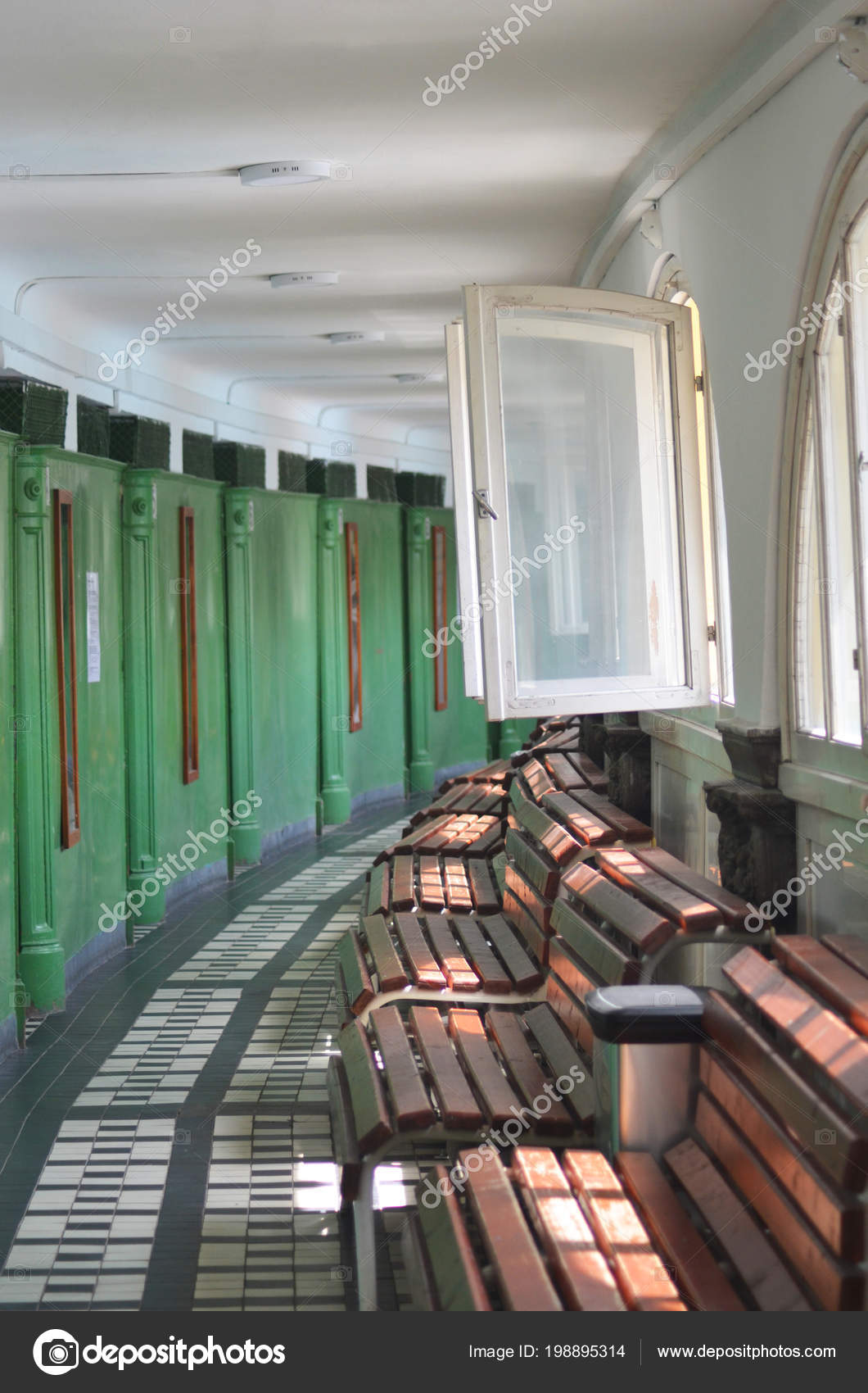 Row Wooden Benches Run Set Windows Green Doors Leading Change