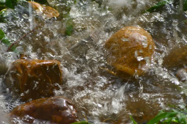 Barna Kövekkel Volna Elárasztják Trópusi Esők Víz Áramlik Fröccsen Körül — Stock Fotó