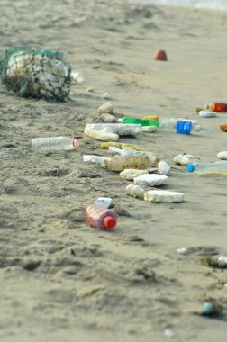 Bir plajda plastik şişeler ve diğer çöp.