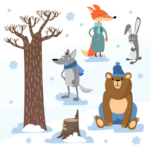 Bos Dieren Stripfiguren Wild Cartoon Schattige Dieren Collecties Vector Winter — Stockvector