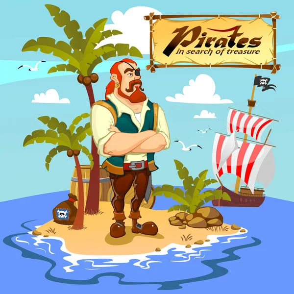 Pirate Island Treasure Ship Palm Trees Gulls Captain Team — Stock Vector