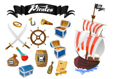 Korsan aksesuar ahşap hazine sandığı hazineleri kılıç direksiyon ROM fıçı barut vektör simgelerle düz.