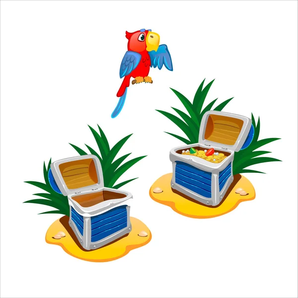 Hazine sandığı ve boş göğüs, kırmızı papağan