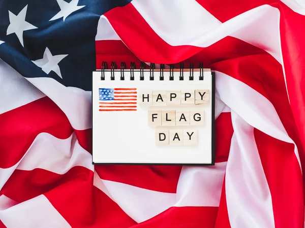 Notebook Congratulations Flag Day Background Usa Flag Wooden Letters Alphabet — Stock Photo, Image