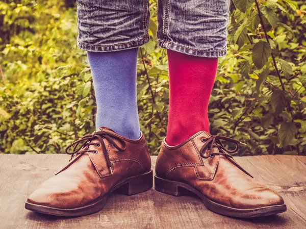 Мужские Ноги Стильной Обуви Яркие Разноцветные Носки Рождественскими Новогодними Узорами — стоковое фото