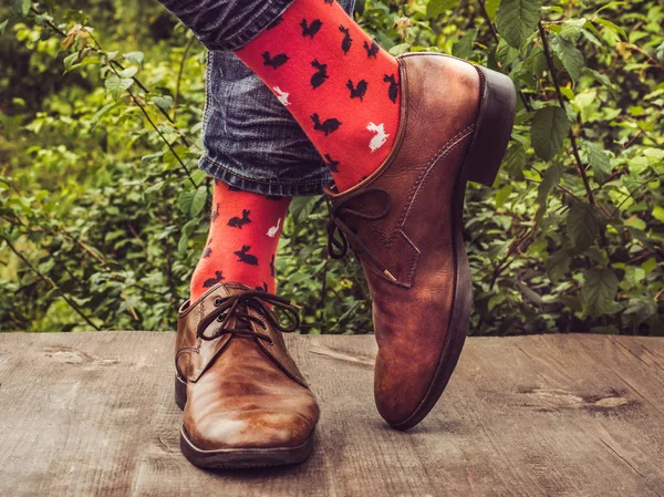 Mens πόδια σε κομψά παπούτσια, φωτεινά, πολύχρωμα κάλτσες — Φωτογραφία Αρχείου