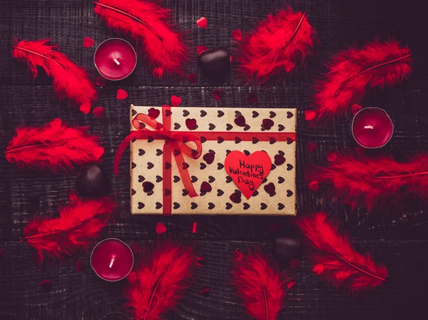 Красочный Завязанный Лентой Коробка Подарком День Святого Валентина Записка Нежными — стоковое фото