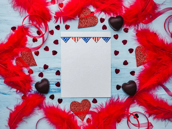 Espacio Blanco Para Dulces Palabras Amor Cintas Plumas Colores Caramelos — Foto de Stock