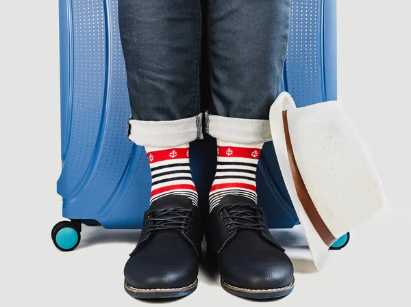 Stylish Suitcase Men Legs Sun Hat Bright Socks Nautical Theme — Stock Photo, Image