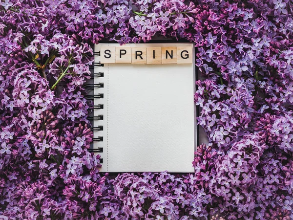 Sketchbook Blank Page Bright Lilac Flowers Top View Close Congratulations — Stock Photo, Image