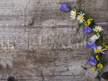 Güzel, bahar çiçekleri eski tahtaları üzerinde yalan