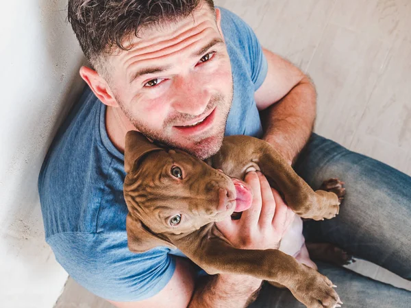 Schöner Mann und charmanter Welpe. Studioaufnahme — Stockfoto