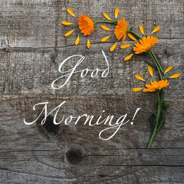 Güzel parlak çiçekler ve yazıt Günaydın — Stok fotoğraf