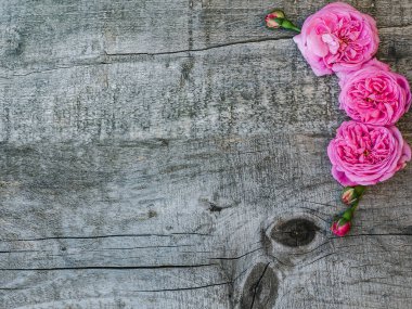 Güzel, bahar çiçekleri eski tahtaları üzerinde yalan