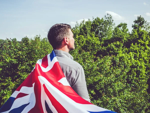 Attractive Man Holding British Flag Blue Sky Background Clear Sunny — Stock Photo, Image