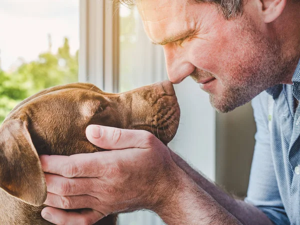 Yakışıklı bir adam ve sevimli bir köpek yavrusu. Yakın plan.