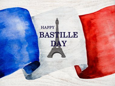 Fransız Bayrağı. Güzel vatansever kartı. Yakın çekim, yukarıdan görüş. Ulusal tatil konsepti. Ailen, akrabaların, arkadaşların ve meslektaşların için tebrikler.