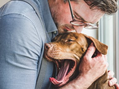 Yakışıklı bir adam ve sevimli bir köpek yavrusu. Yakın plan.
