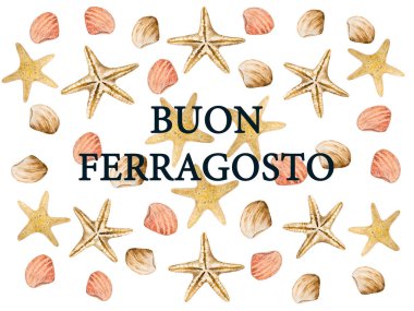 Mutlu ağustos. İyi günler Ferragosto. İtalyan bayramı için güzel bir kart. Yakın çekim, yukarıdan görüş. Ulusal tatil konsepti. Ailen, akrabaların, arkadaşların ve meslektaşların için tebrikler.