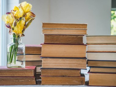 Bir yığın antika kitap ve bir buket güzel çiçek. Yakın plan, izole edilmiş arka plan. Stüdyo fotoğrafı. Öğrenim ve Eğitim Konsepti
