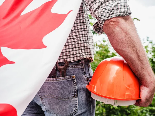 Attractive Man Holding Canadian Flag Blue Sky Background Clear Sunny — Stock Photo, Image