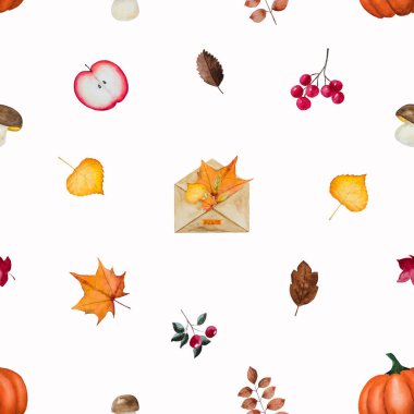 Sonbahar temalı, suluboya resimli çeşitli çizimlerin olduğu güzel bir kart. Yakın çekim, yukarıdan görünüm