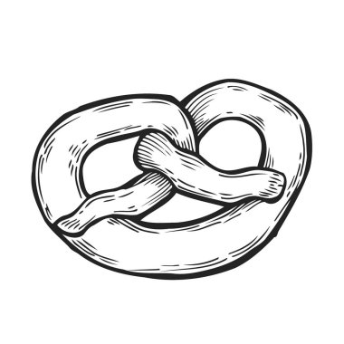 Elle çizilmiş hamur işleri, simit. İnce kalem sanatsal anahat. Vintage mürekkep düz, değirmen doodle skeçler kazınmış. İzole