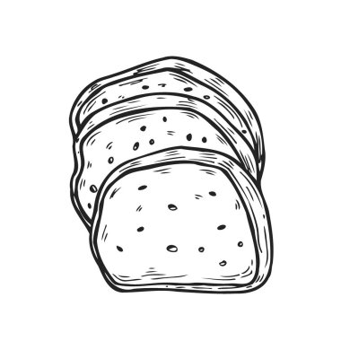 Stil oyma içinde el çekilmiş ekmek fırını. Dilimler kesin. Ekmek ekmek taze yiyecek toplama. Vektör çizim. Beyaz arka plan üzerinde izole renkli öğeleri.