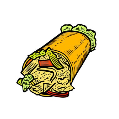 Domates, biber, et ve marul yaprak üzerinde beyaz izole parçaları lezzetli sarın. El vintage illüstrasyon geleneksel Meksika veya Arapça gıda ile çekilmiş. Oyulmuş stili.