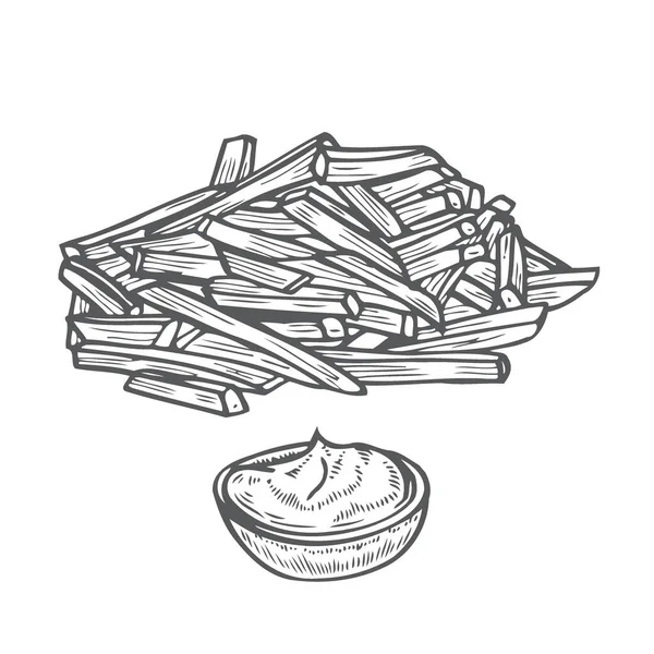 Patata Fritta Con Bastoncino Isolato Sfondo Bianco Illustrazione Dell Incisione — Vettoriale Stock
